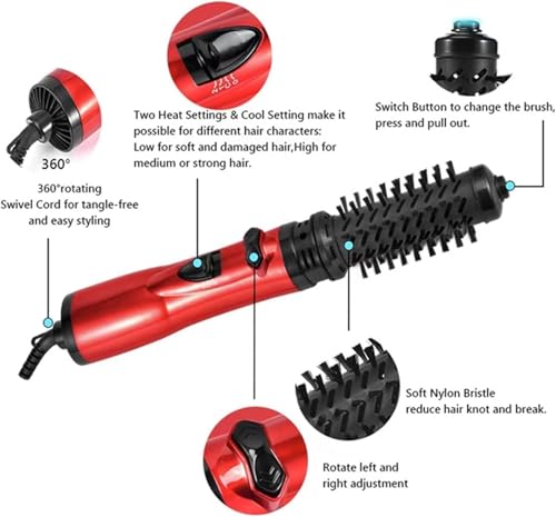 Red 3-in-1 Hot Air Styler and Rotating Hair Dryer with 2 Interchangeable Brushes M108