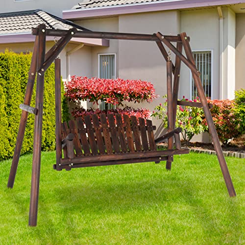 6.5' Outdoor Porch Swing Rustic Loveseat Solid Wooden Natural Log Garden Swing (Carbonized) B65676