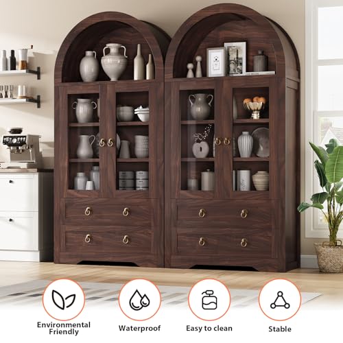 Brown Arched Bookshelf Pantry Storage Cabinet with Drawers Doors and Shelves E577703