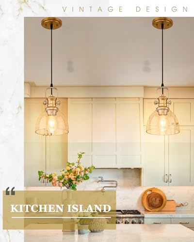7.5" Farmhouse Pendant Lighting with Clear Seeded Glass Shade, Gold Wood Paint Finish Y76645