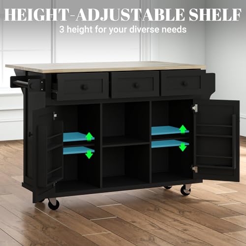 Large Kitchen Island On Wheels with Storage 54in Width Wood Island with Drawers Cabinet Spice Rack Towel Rack I50980