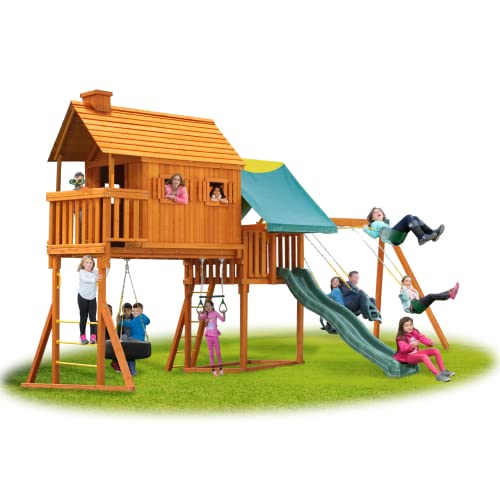 Solid Cedar Wood Swing Set with Built-in Tree House, Wave Slide, Spiral Slide L7577