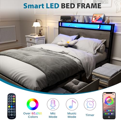 Black Full Size Bed Frame with Headboard, LED, 4 Storage Drawers, Charging Station Z969
