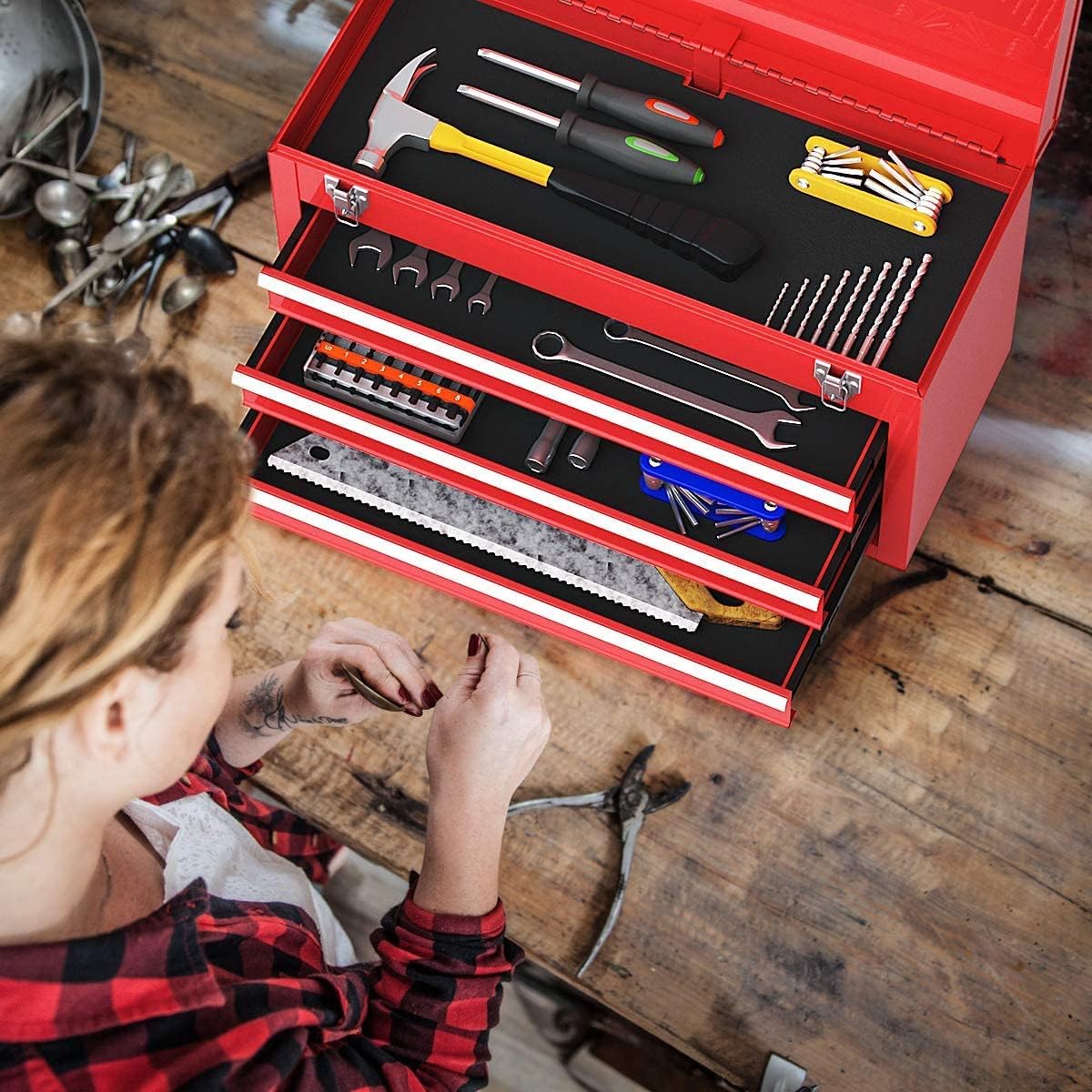 Red 20.5'' Steel Tool Box with 3 Drawers F568