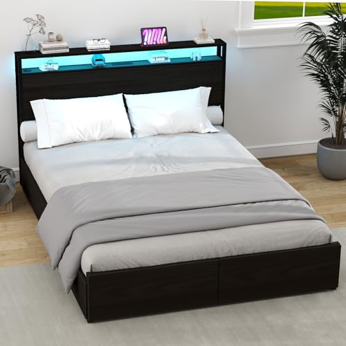 Black Full Size Bed Frame with Headboard, LED, 4 Storage Drawers, Charging Station Z969