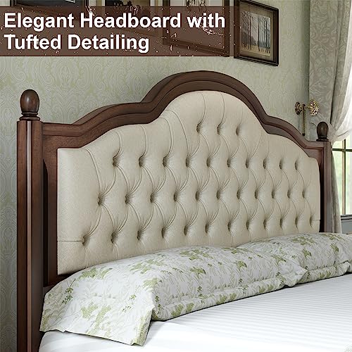 Walnut Queen Size Solid Bed Frame with Upholstered Tufted Headboard K136023
