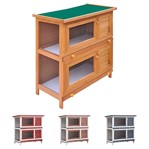 Gray Wood Pet Rabbit Hutch with Mesh Door and Green Roof F387