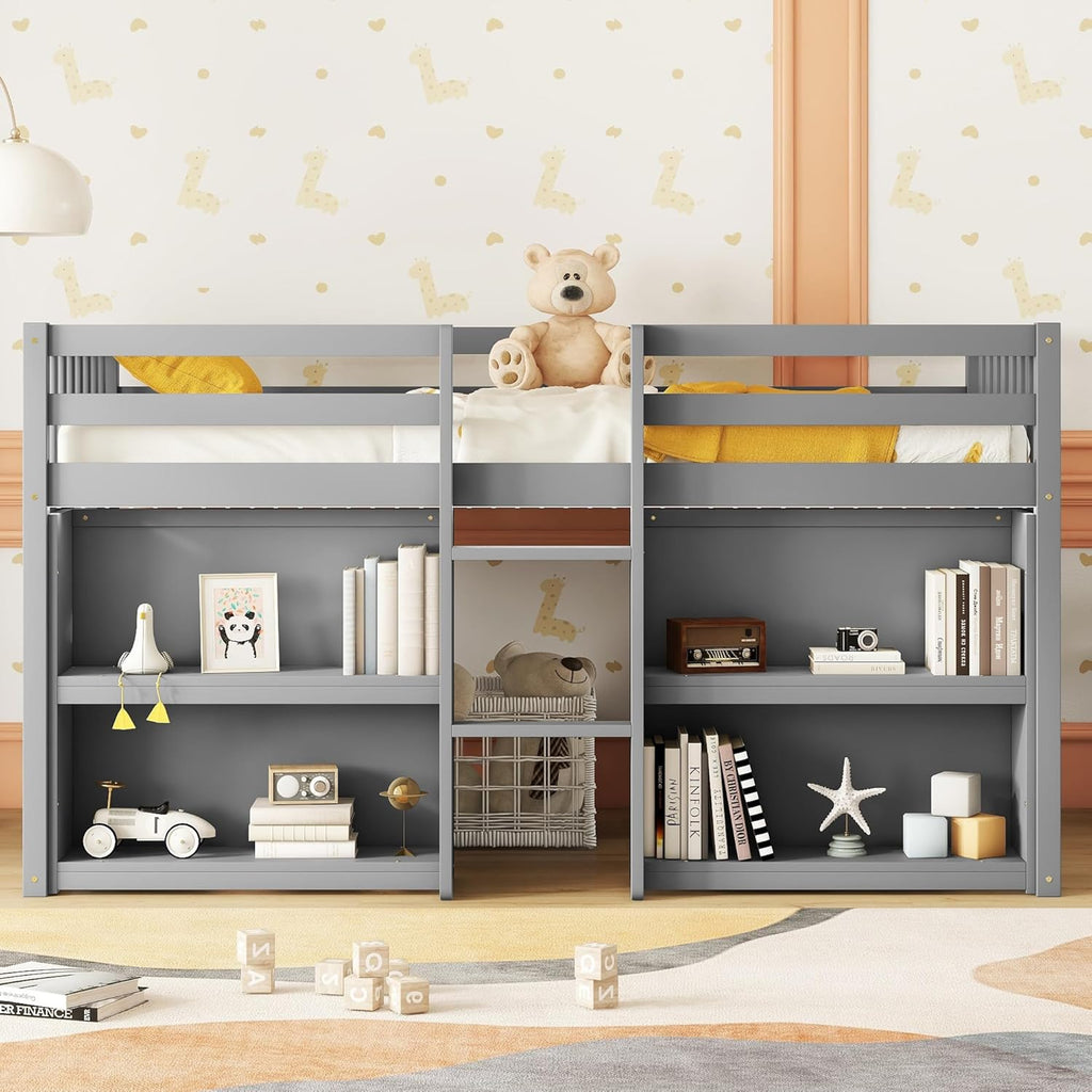 Grey LED Twin Low Loft Bed with Storage Shelves N651