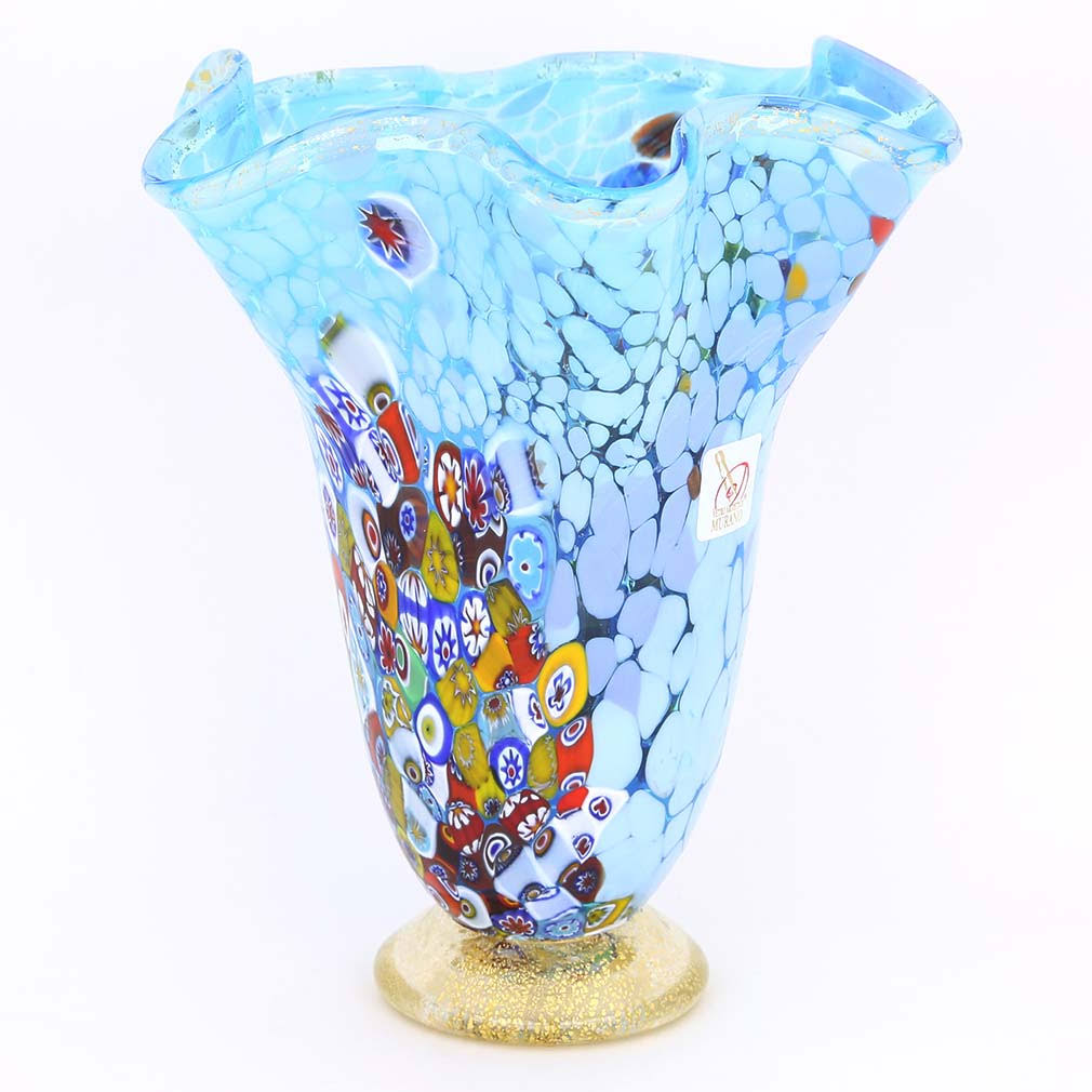 Aqua Murano Glass Millefiori Vase I488