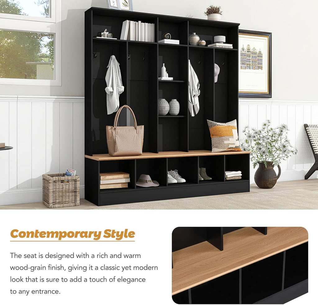 Black Hall Tree with Storage Bench and 8 Hooks I537305