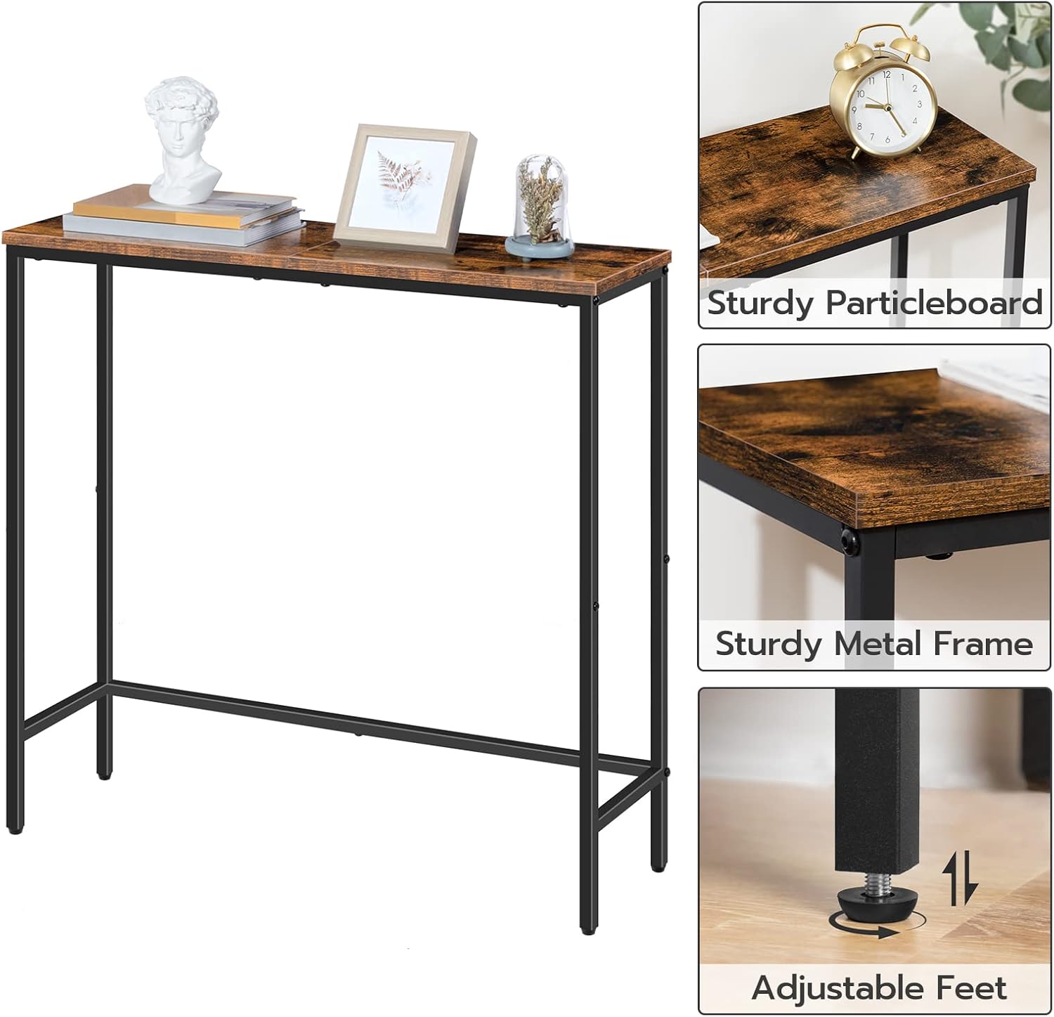 Rustic Brown and Black Narrow Console Table with 2 Fabric Drawers K707