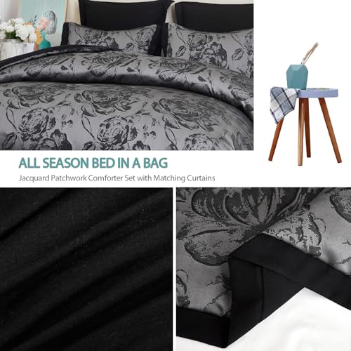 7-Piece Queen Comforter Set with Matching Curtains, Burgundy Jacquard Patchwork Bed in a Bag Bedding Set V4720