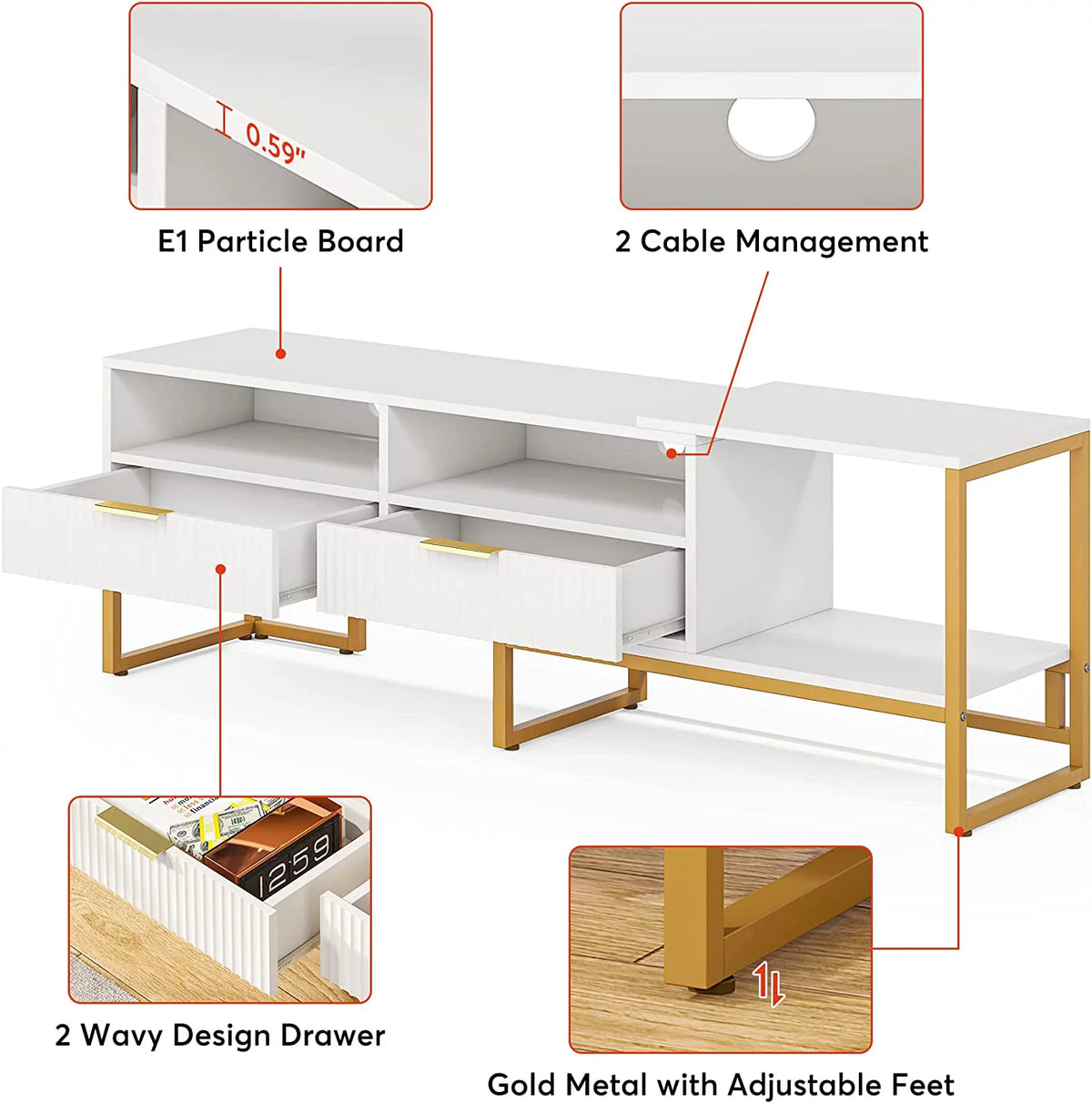 White and Gold TV Stand with 2 Drawers and Open Shelves C173