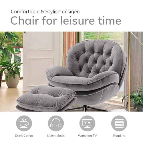 Gray Velvet Swivel Accent Chair with Ottoman Set L960