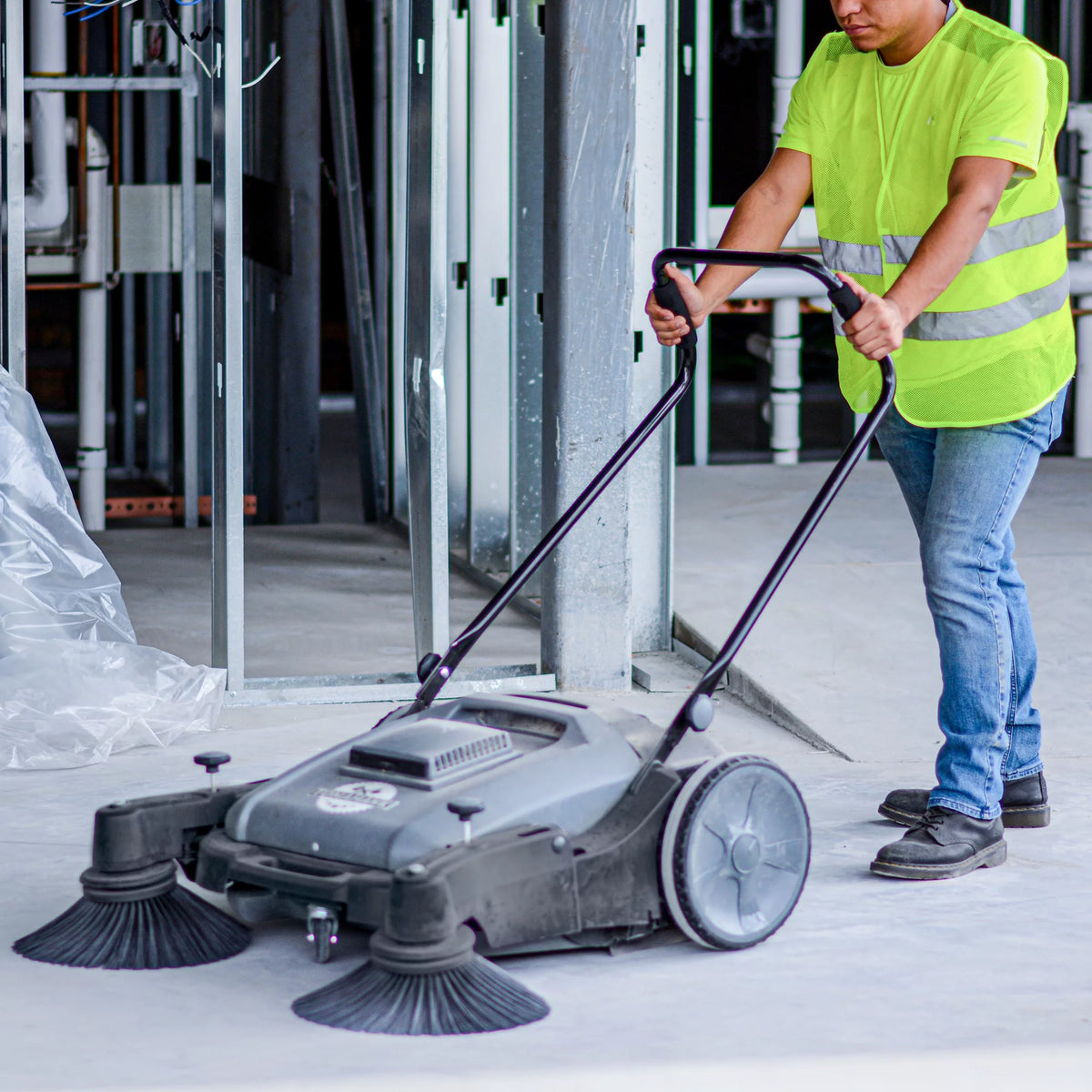 38" Walk Behind Push Sweeper with Triple Power Side Brooms I136773