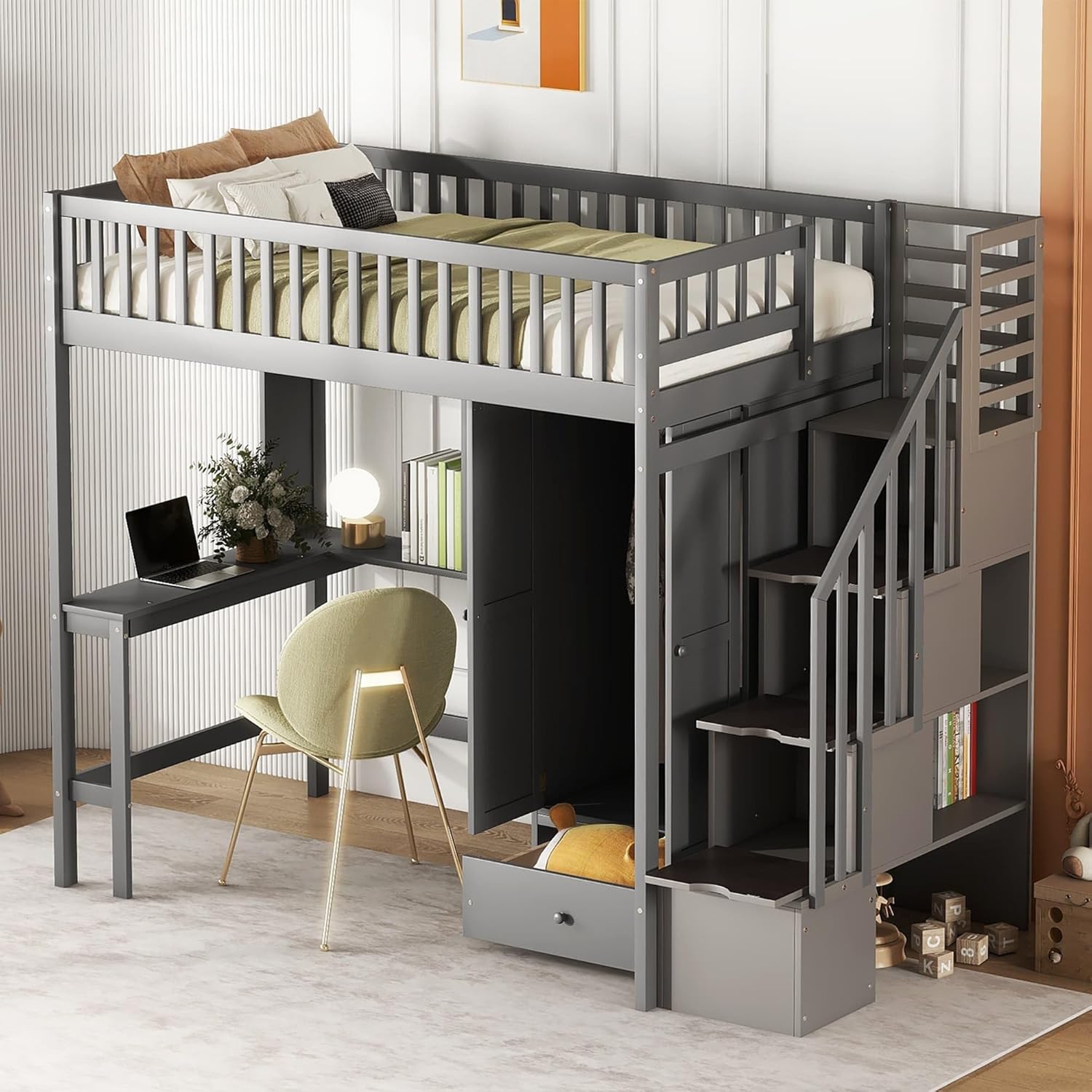 Grey Twin Size Loft Bed with Bookshelf Drawers Desk and Wardrobe MDF Pine Wood W262261