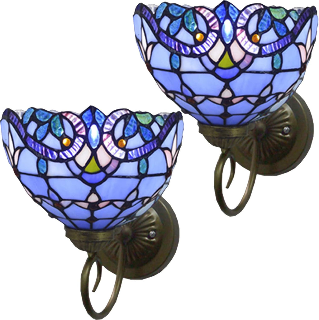 Set of Two Hand-Made Stained Glass Wall Sconce Light Fixtures, Blue R7373