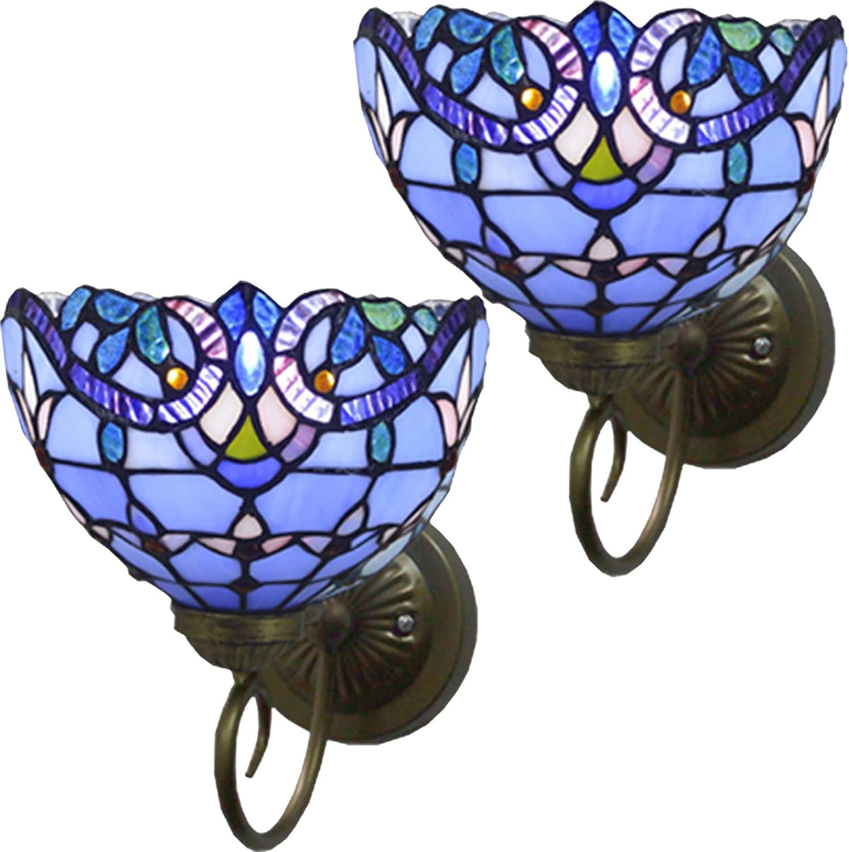 Set of Two Hand-Made Stained Glass Wall Sconce Light Fixtures, Blue R7373