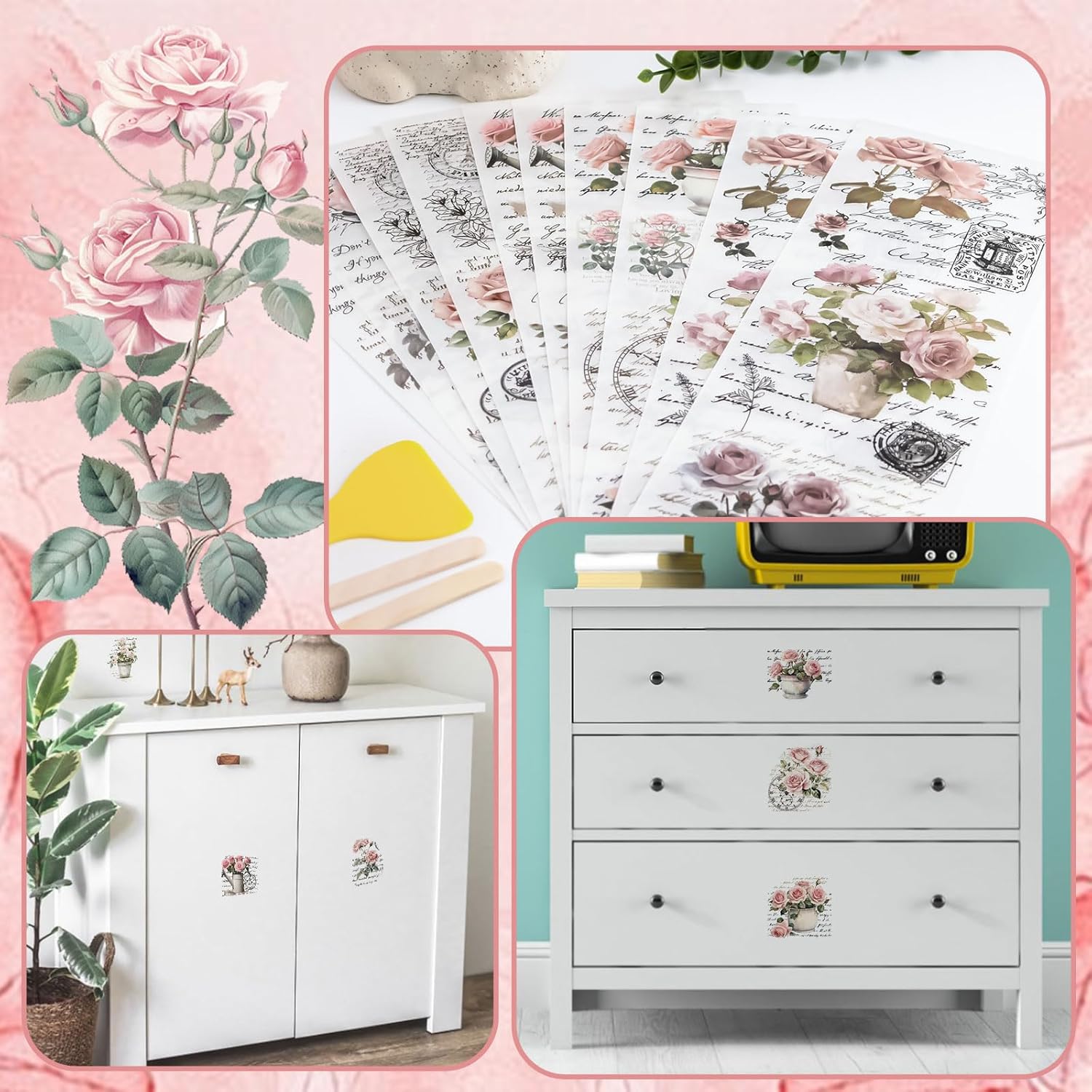 Vintage Pink Rose Waterproof Transfer Stickers, 10 Sheets, 11.8 * 3.9in E232101
