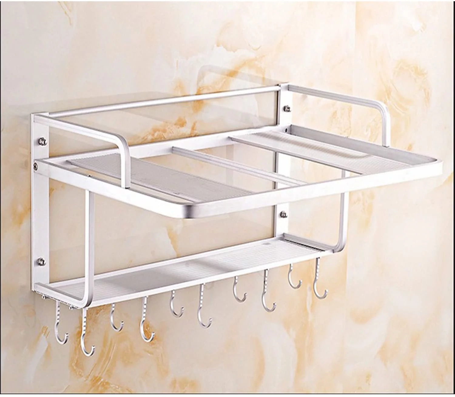 Aluminum Microwave Oven Wall Mount Double Deck Shelf With Hooks G223