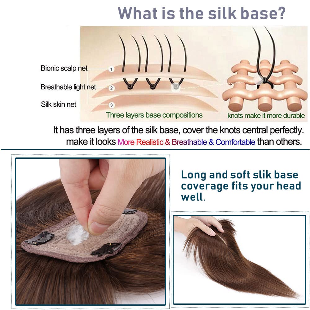 100% Real Human Hair Toppers with Bangs Silk Base 150% Density Clip in Topper 2.7”x5.1” Hair Pieces F1996
