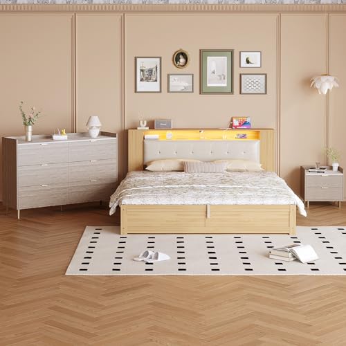 Queen Size Upholstered Platform Bed with Storage Nightstand and 6 Drawers Dresser Cabinet Q448