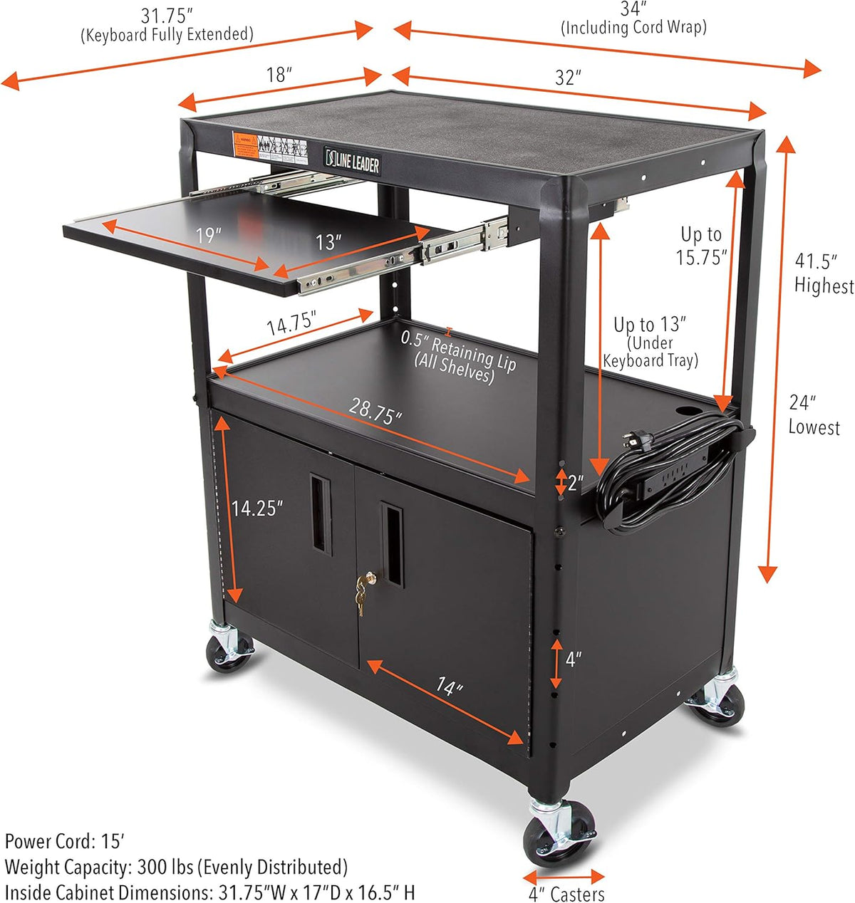 Large AV Cart with Locking Cabinet, Height Adjustable, Black K501938