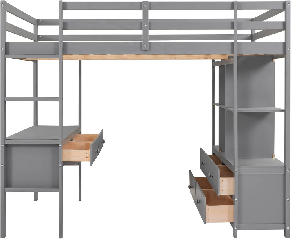 Full Size Solid Wood Loft Bed with Desk and 2 Drawers, Grey Q105