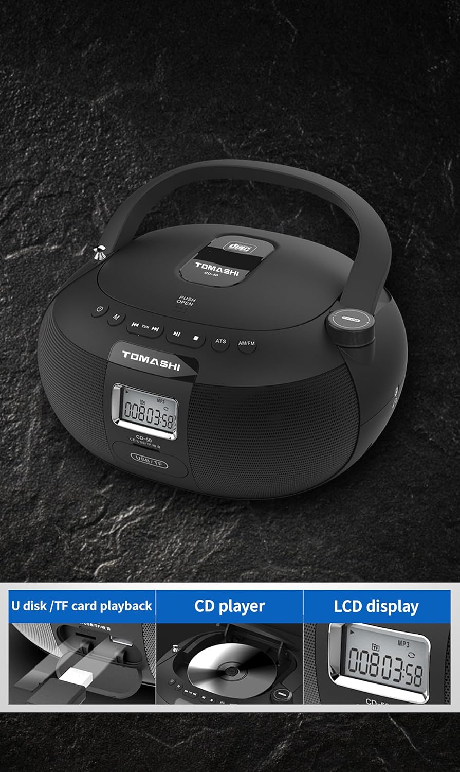 Black Portable CD Player Boombox J604