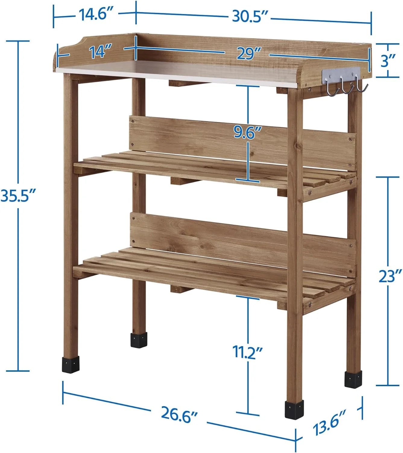 Brown Wooden Potting Bench with Metal Tabletop and Storage Shelf G62342
