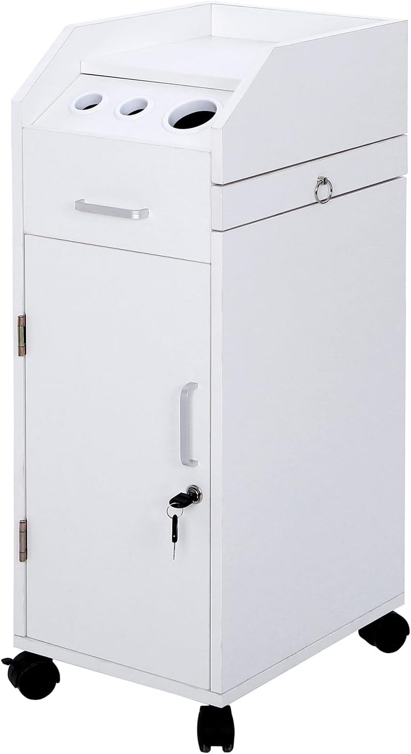 Rolling Hair Salon Storage Cart with Wheels & 3 Hair Dryer Holders & Drawers & Lock L10125