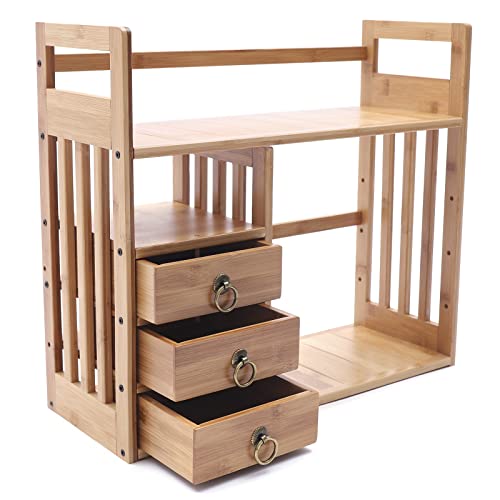 Bamboo Desktop Bookshelf with 3 Drawers (Nut-Brown) Q947
