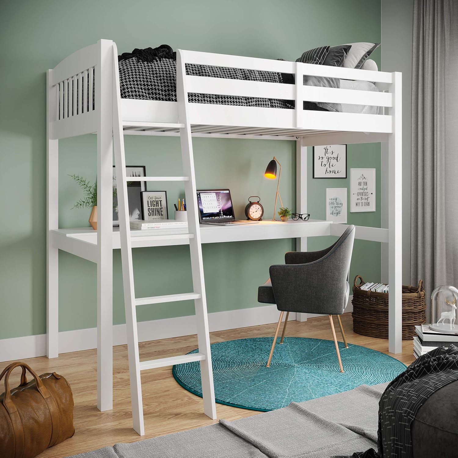 White High Loft Bed with Desk and Storage, Solid Wood Twin Size Loft Bed Frame with Stairs H677777
