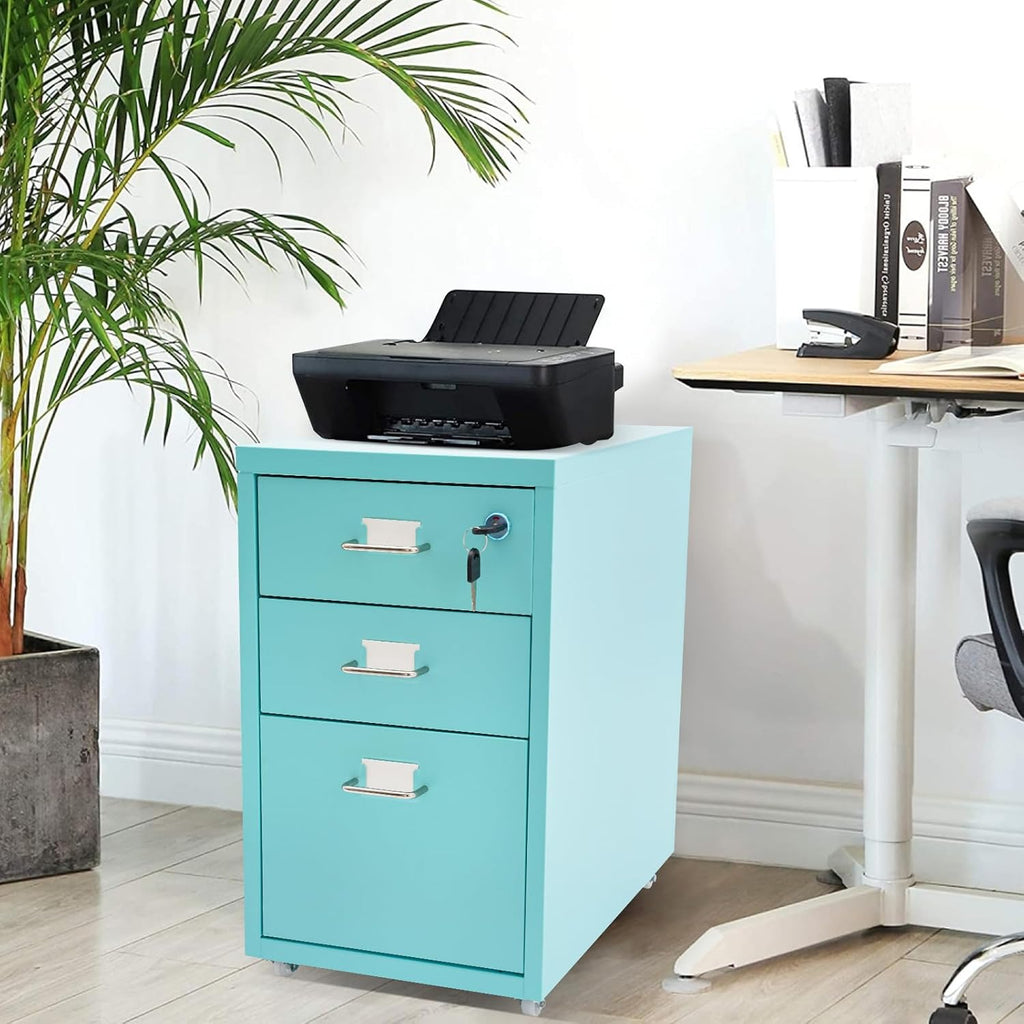 Blue 3 Drawer Mobile Metal Filing Cabinet with Lock N286