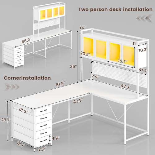White L Shaped Gaming Desk with Drawers and Hutch S7705