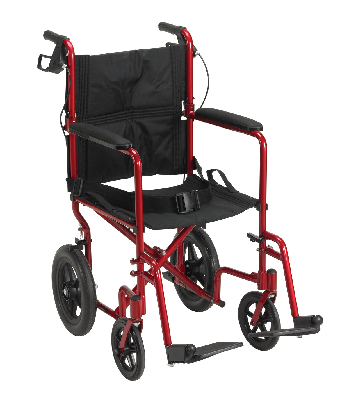 Red/Black Lightweight Transport Wheelchair with Hand Brakes T952