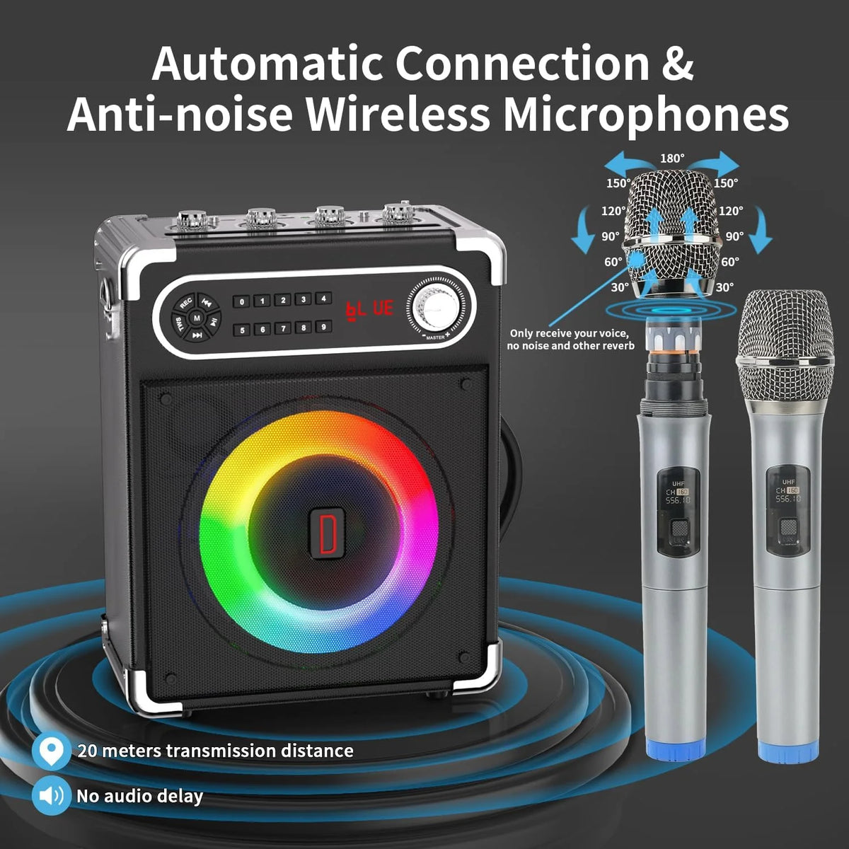 Karaoke Machine with 2 Wireless Microphones, Bluetooth Speaker J5747