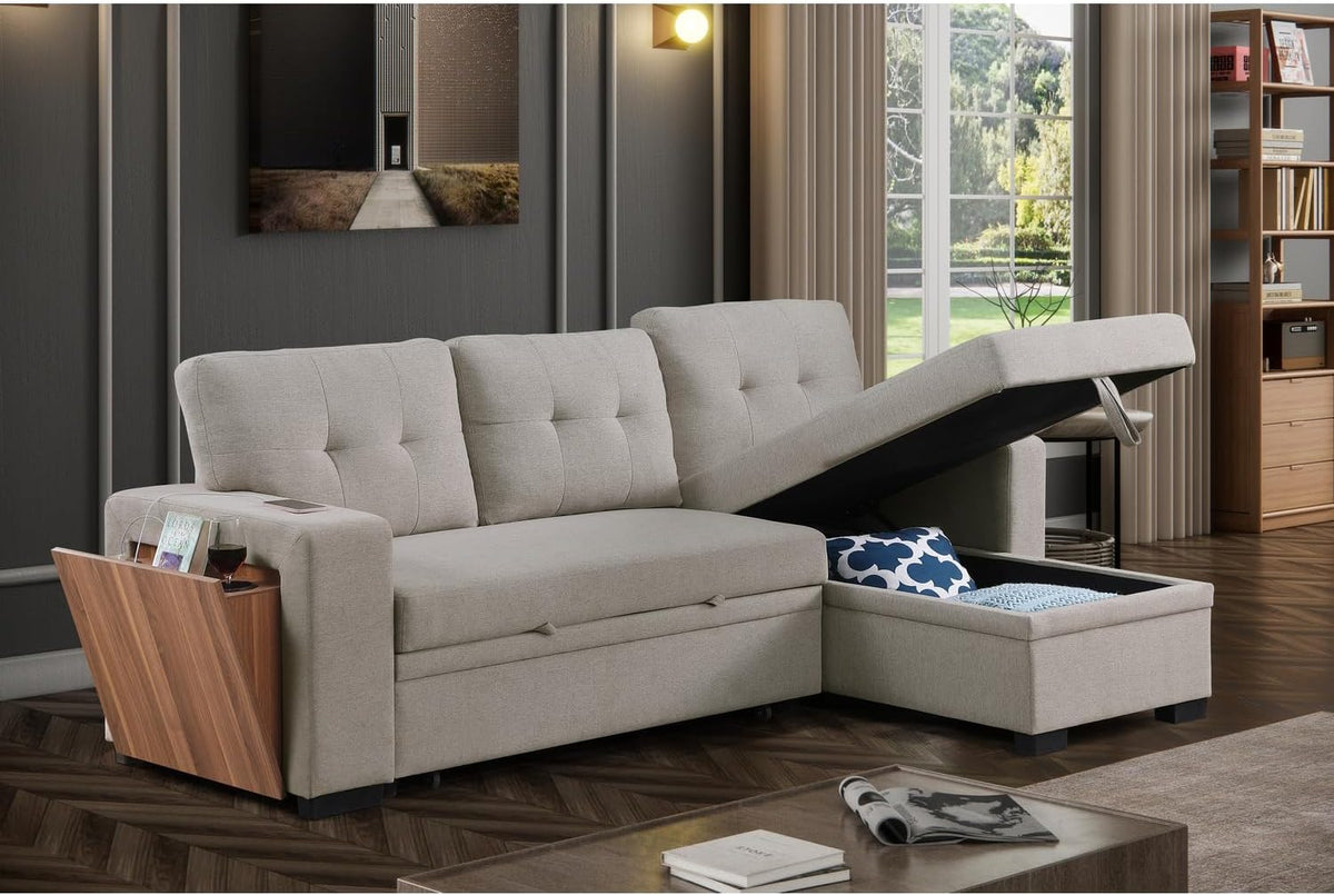 Light Gray Polyester Fabric L-Shaped Sleeper Sectional Sofa Bed E597