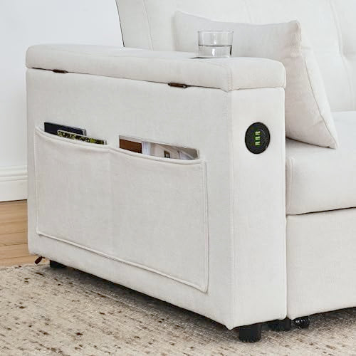 White Chenille 2-Seater Convertible Sofa Bed with USB Power Outlet V797715