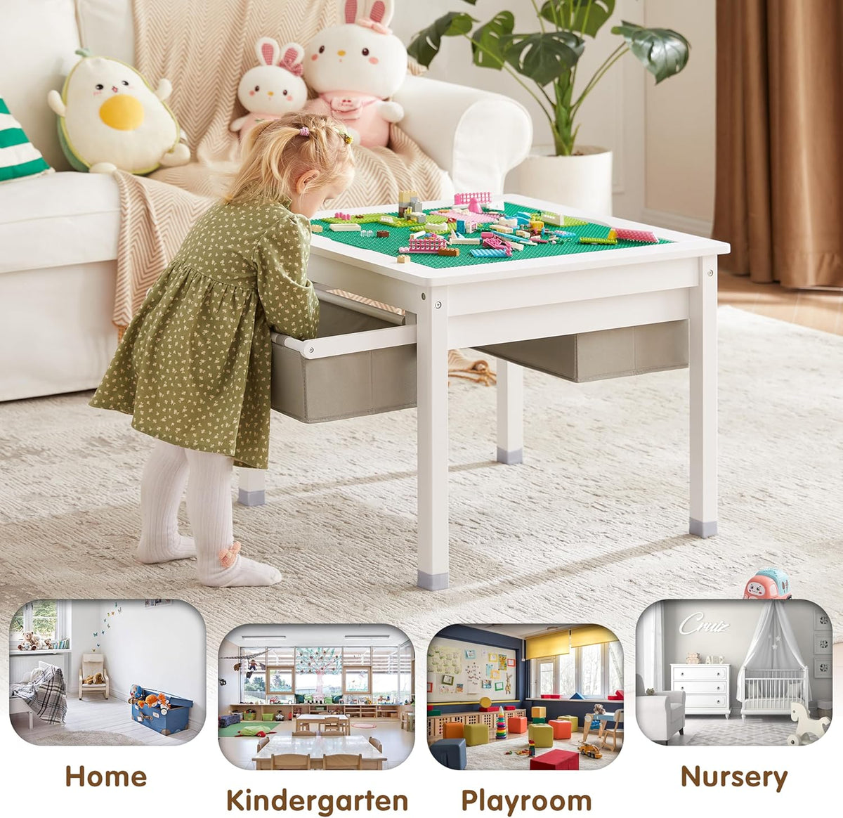 White Wooden Kids Table with Storage Drawers E69320