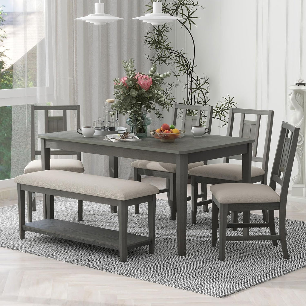 6-Piece Dining Table Set with 4 Upholstered Chairs and 1 Bench, Solid Wood, Dark Gray R132579