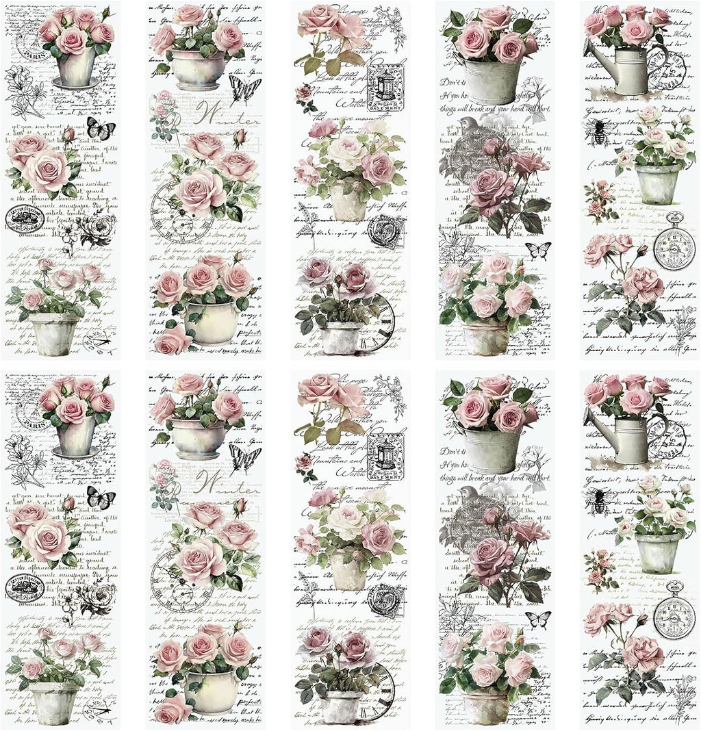 Vintage Pink Rose Waterproof Transfer Stickers, 10 Sheets, 11.8 * 3.9in E232101