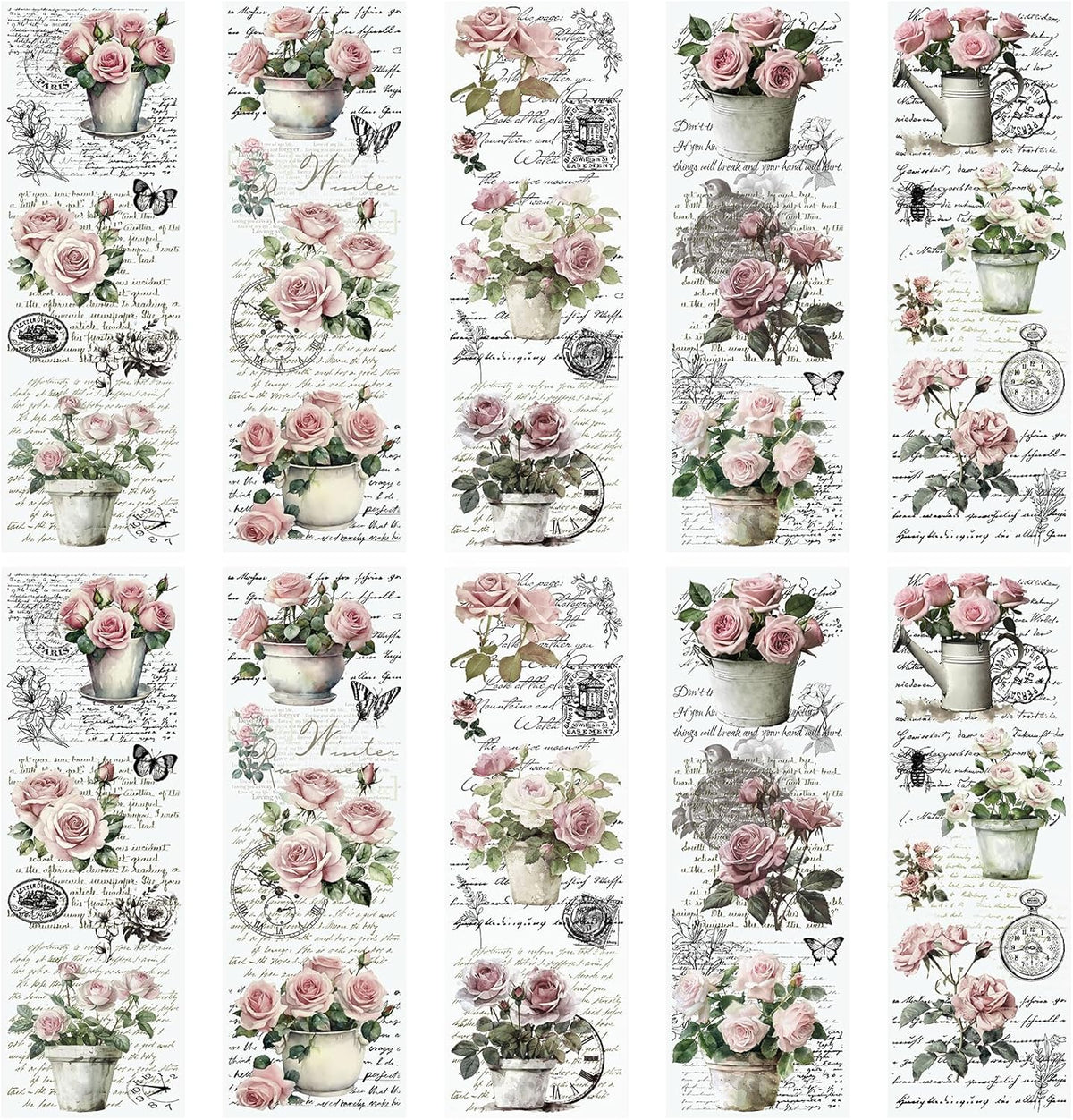 Vintage Pink Rose Waterproof Transfer Stickers, 10 Sheets, 11.8 * 3.9in E232101