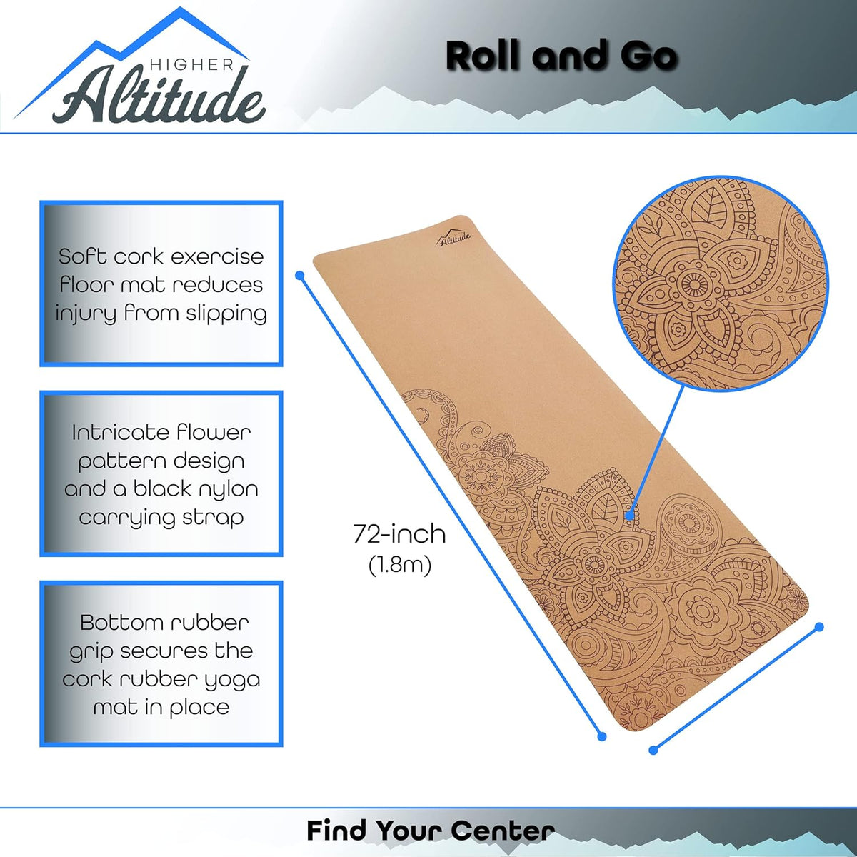 72 x 24in Cork Exercise Mat with Rubber Padding V3198