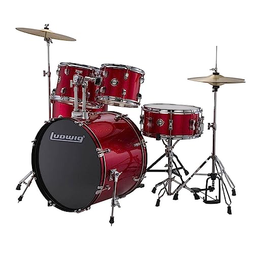 5-piece Complete Drum Set with 22-inch Bass Drum and Cymbals, Red Sparkle I104530