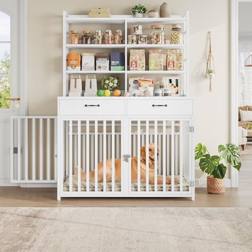 Black Wood & Metal Large Dog Crate Furniture with 4-Tier Shelves and 2 Storage Drawers T626099