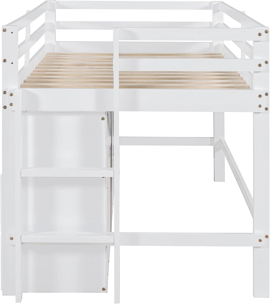 White Wooden Twin Size Loft Bed with 4 Drawers W35536
