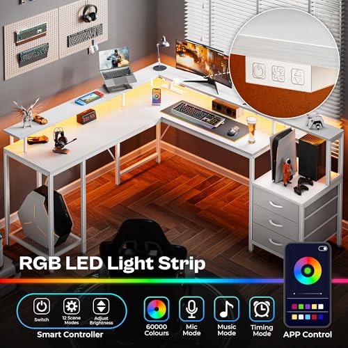 Rustic Brown L Shaped Gaming Desk with LED Lights and Power Outlets X766