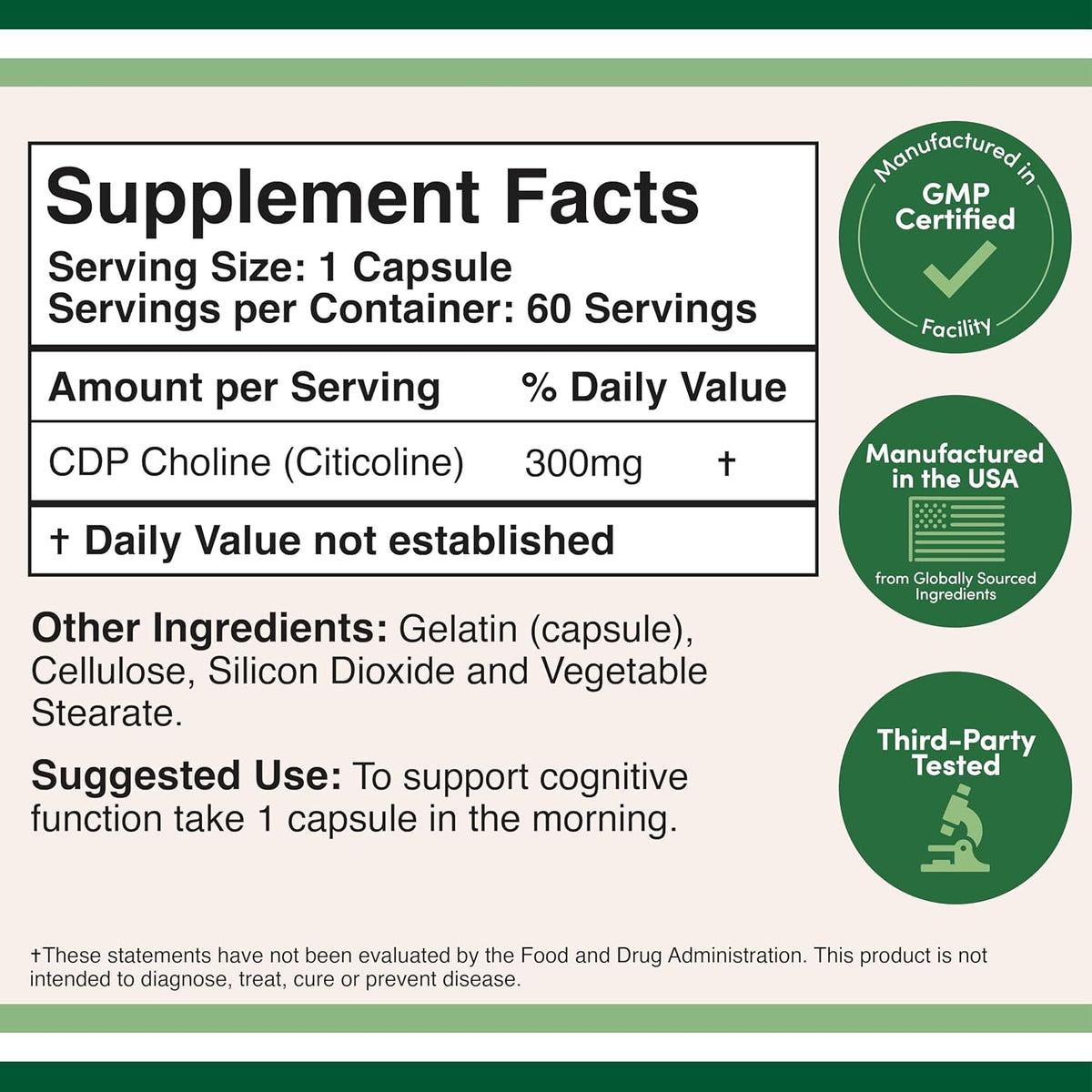 60 Capsules 300mg CDP Choline Supplement N976