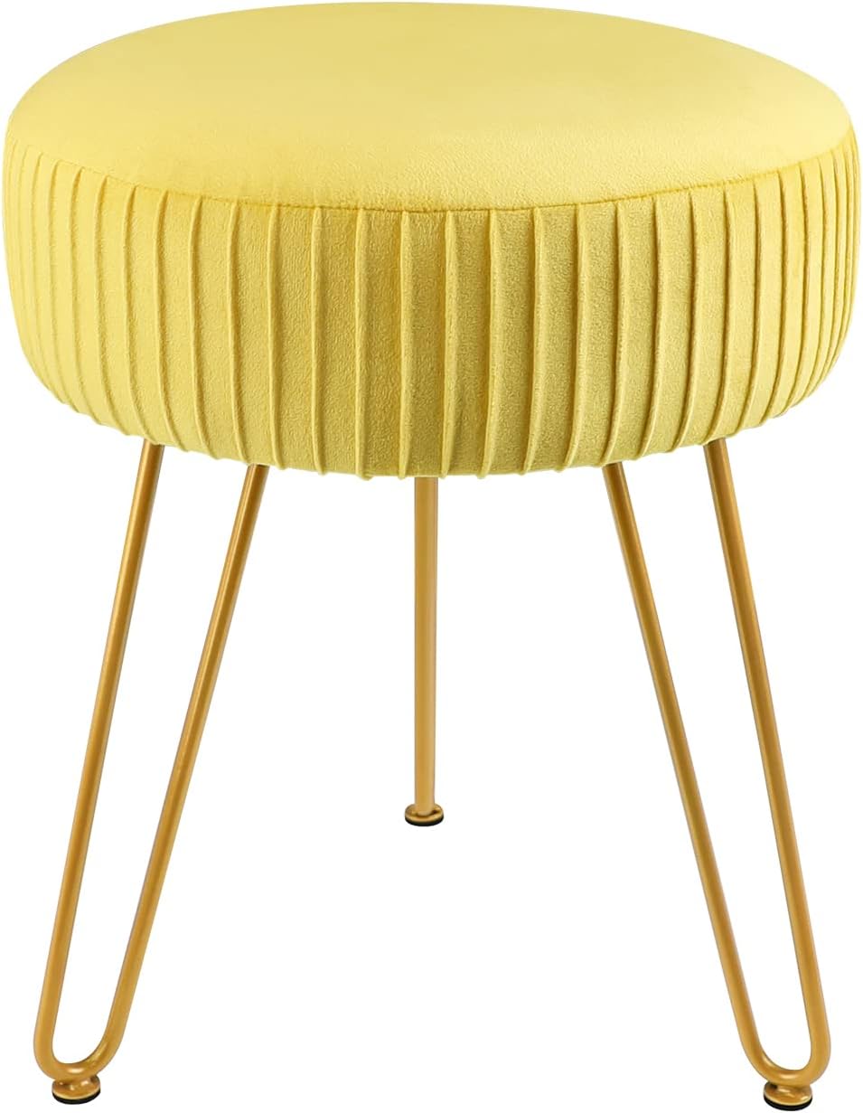 Yellow Velvet Round Vanity Chair with Golden Metal Legs B716